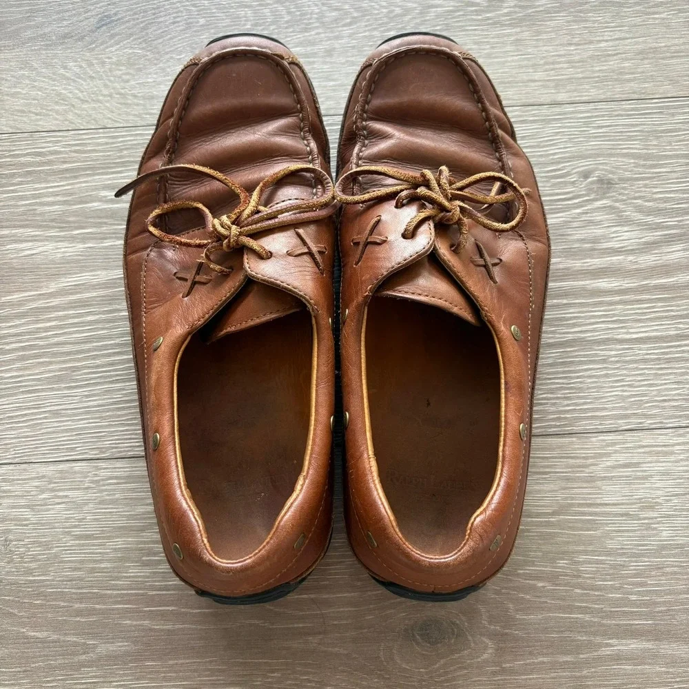 Polo Ralph Lauren Mens Tan Leather Boat Shoes Moc Toe Loafers AAM19420 9.5 D